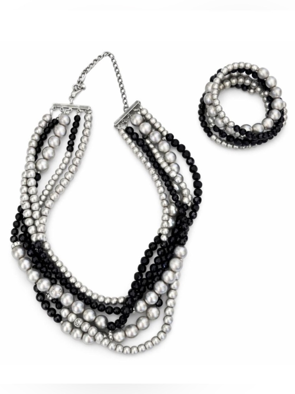 Silver Black Pearl Multi Strand Statement Necklace Bracelet Set